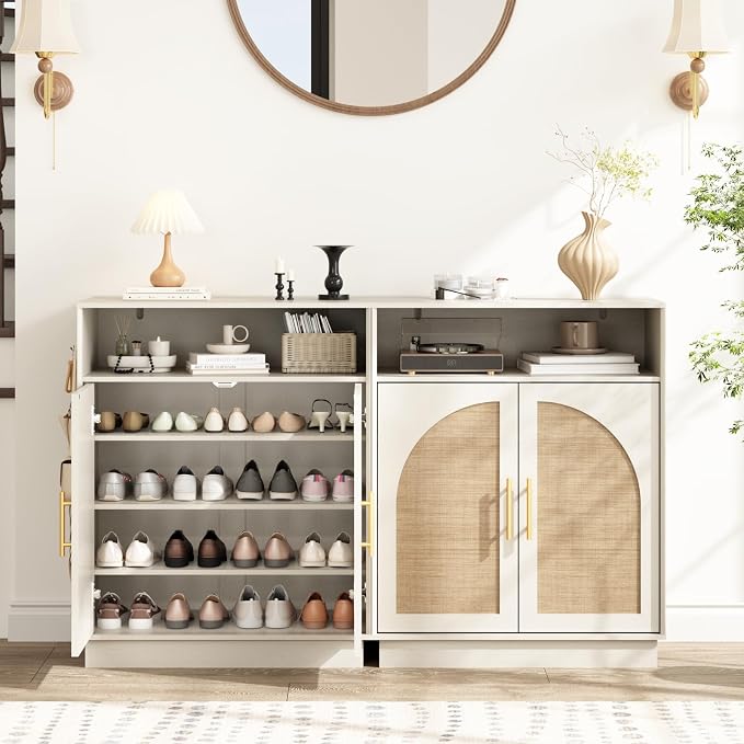HOKYHOKY Rattan Shoe Storage Cabinet with 2 Arched Doors, 5-Tier Deep Shoe Organizer with Adjustable Shelves, Farmhouse Boho Shoe Rack Cabinet for Entryway, Rustic White - Image 3