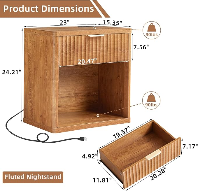 LEYAOYAO Fluted Nightstand with Charging Station, 23" Wide 1 Drawers Night Stand,Brown End Table with Open Storage,Farmhouse Bed Side Tables, Wood Dresser for Bedroom, Living Room, Closet - Image 2