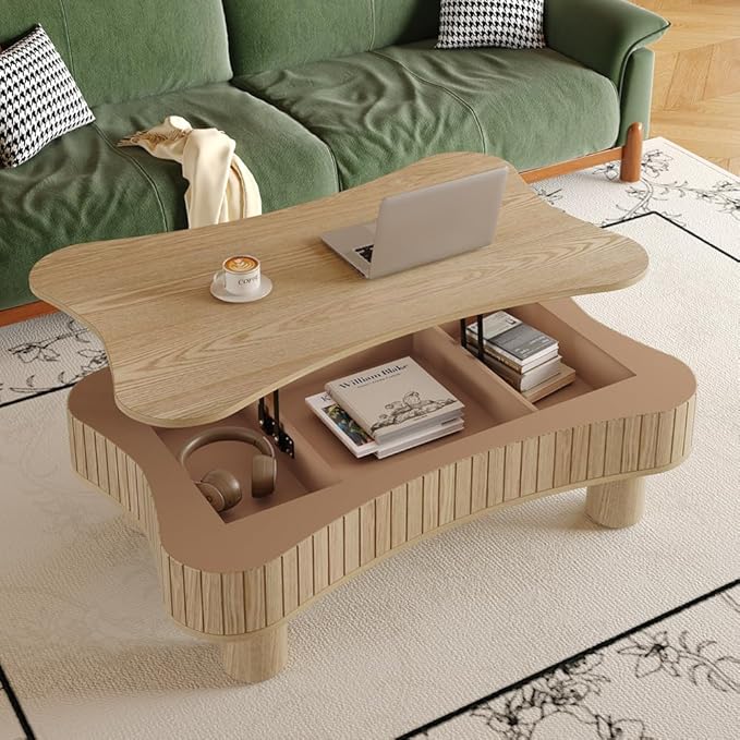 Unique Cloud Coffee Table with Lifting Top Low Coffee Table with Storage Farmhouse Country Rustic Wooden Coffee Tables Cute Irregular Center Tables for Living Room 42.52'' Natural Wood