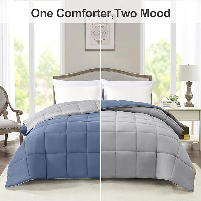 Homelike Moment Oversized Queen Comforter - Blue Duvet Insert Down Alternative Bed Comforter, Lightweight Bedding Comforters Oversize Queen Quilted Soft All Season Reversible Blue/Grey