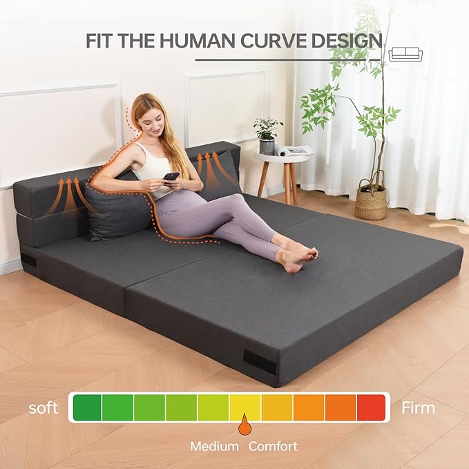 Folding Sofa Bed with Pillow, Foldable Bed Sleeper Chair with Washable Cover, Convertible Sofa Chair, Fold Out Couch,Futon Couch for Living Room, Dorm, Guest Room, Queen Size, Dark Grey