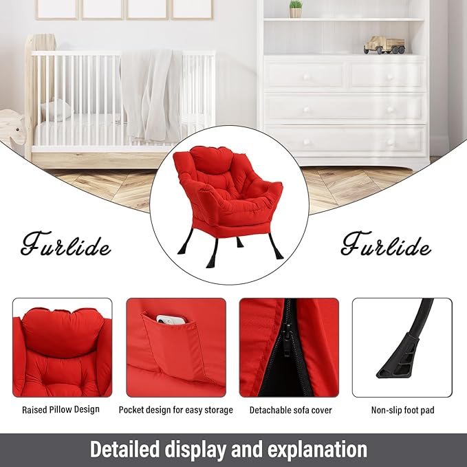Furlide Lazy Chair with Ottoman, Modern Accent Chair with Armrests and a Side Pocket, Red Accent Chairs, Comfortable Reading Chairs, Oversized Armchairs for Bedroom, Study, Living Room, Courtyard