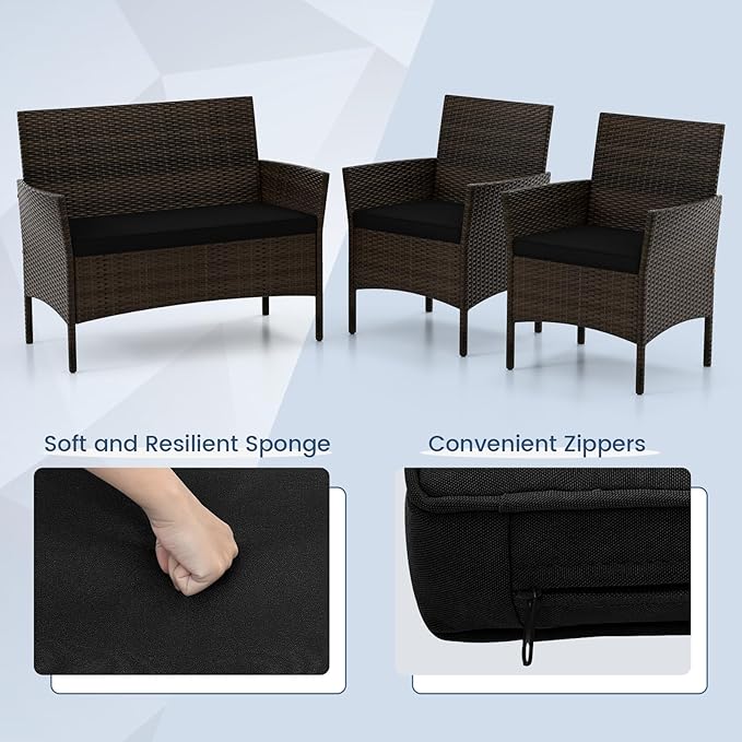 DORTALA Wicker Patio Furniture Set 4 Piece, Outdoor PE Rattan Table & Chairs Set with Tempered Glass Coffee Table, Loveseat, Cushions, Conversation Set for Balcony, Porch, Backyard, Deck, Black
