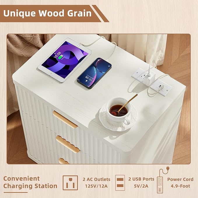 LEYAOYAO Fluted Dressers & Nightstand Set of 4, Wood 48" Wide Dresser & 42" Tall Chest of Drawers,Modern Bedroom Furniture Sets,White Wooden Nightstand Set of 2 with 3 Drawers & Charging Station