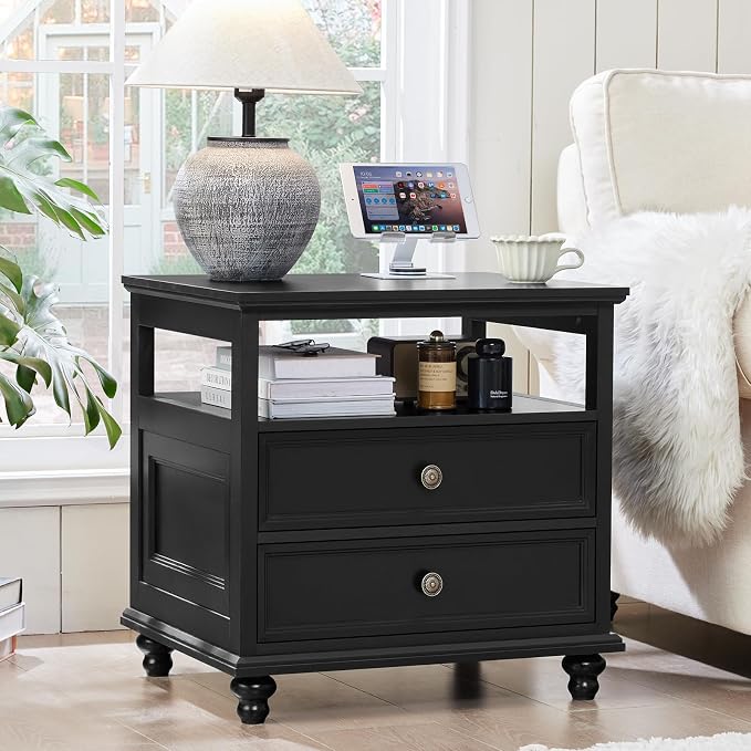 Joaxswe 24" Wide Farmhouse Night Stand Set of 2,Large End Table with 2 Drawers & Metal Handle,Black Wood Dresser for Bedroom, Bed Side Table Chest of Drawers Cabinet, Nightstand for Living Room,Closet - Image 2