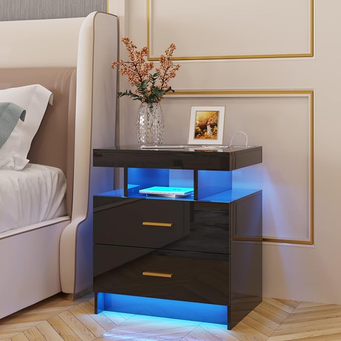 HNEBC Auto LED Nightstands Set of 2,Modern Bedside Table with USB Ports & Wireless Charging Station,High Gloss Bedside Tables with 2 Drawers,Nightstands for Bedrooms/Living Room/Office (Black) - Image 9