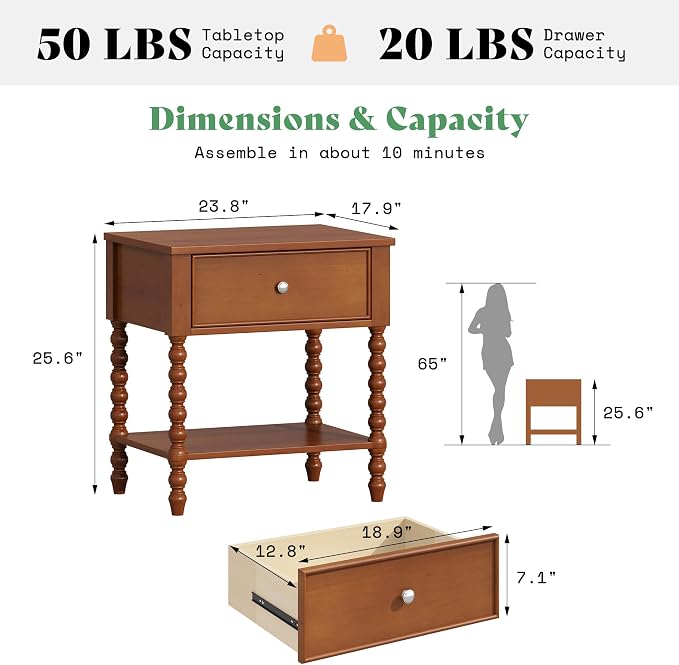 AMERLIFE 24" Walnut Nightstand Set of 2, Vintage Bedside Table for Bedroom, Solid Wood Night Stand with Turned Legs, End Table with Drawer & Open Shelf, Brown Walnut Finish - Image 2