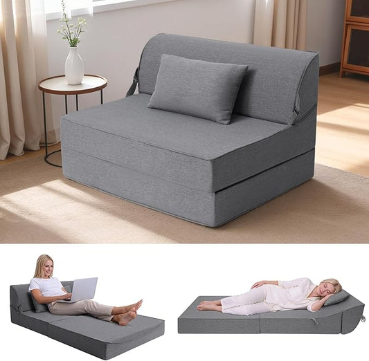 BeBen Folding Sofa Bed Chair, Convertible Sleeper Chair Futon Couch, Foldable Boneless Floor Lounger Sofa, Twin Foam Chair Bed for Small Spaces, Dorm, Guest Room, Living Room, Apartment, Grey