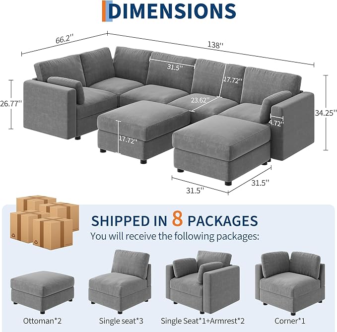 IDEALHOUSE 138" Modular Sectional Sofa, 7 Seater Sectional Couch, U-Shape Modern Sofa with Ottoman, Deep Seat, Oversized Convertible Modular Couch for Living Room Apartment Office, Chenille, Grey