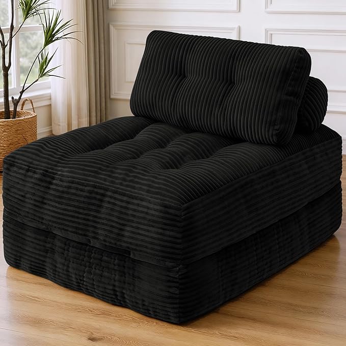 Folding Sofa Bed, Convertible Sleeper Chair with Pillow & Handle, Foldable Mattress Futon Chair Bed Lounge with Back Support, Comfy Floor Sofa for Living Room Bedroom, Black, Single