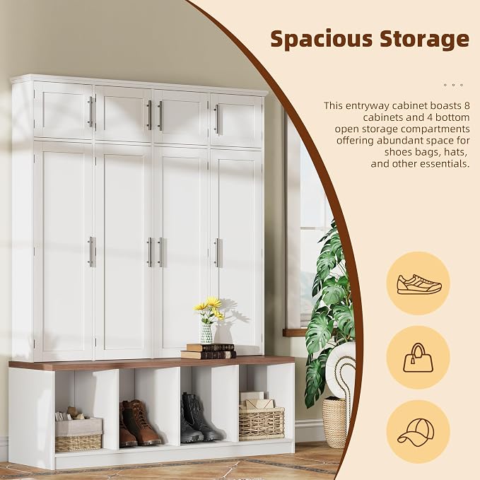 Hall Tree with Entryway Bench and Shoe Storage Compartments, Particle Board Multi-Functional Cabinet with 4 Hanging Hooks, White - Image 4