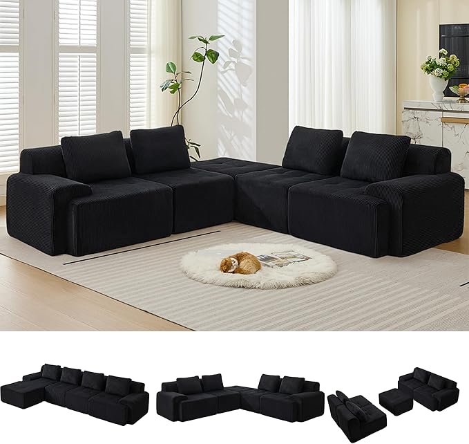 Modular Sectional Sofa, Boneless Couches for Living Room, Corduroy Couch, Big Comfy Couch, Modular Cloud Sofa with Deep Seat (Black, 5 Pieces-L Shape)