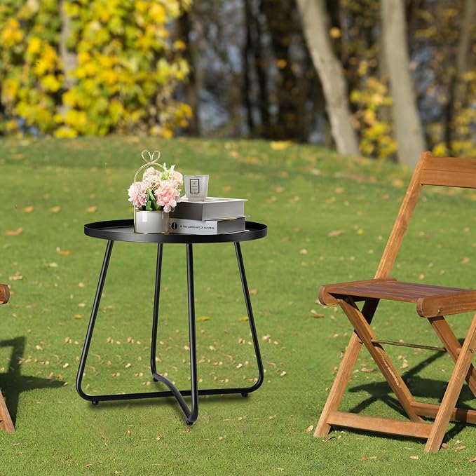 danpinera Outdoor Side Tables, Weather Resistant Steel, Small Round End Table for Patio Yard Balcony Garden Bedside Black - Image 6