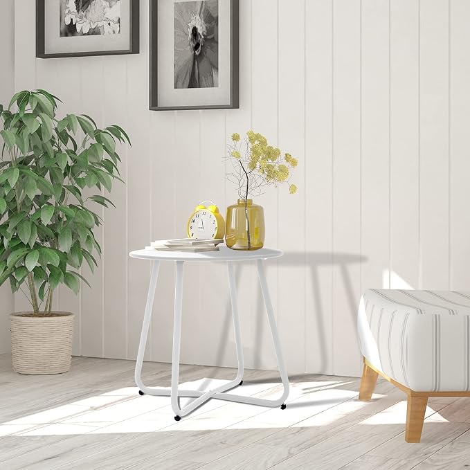 Meluvici Patio Outdoor Side Table Waterproof Round Metal Steel Small Side Table Weather Resistant Portable Outdoor and Indoor End Table for Garden Balcony Yard, White - Image 6