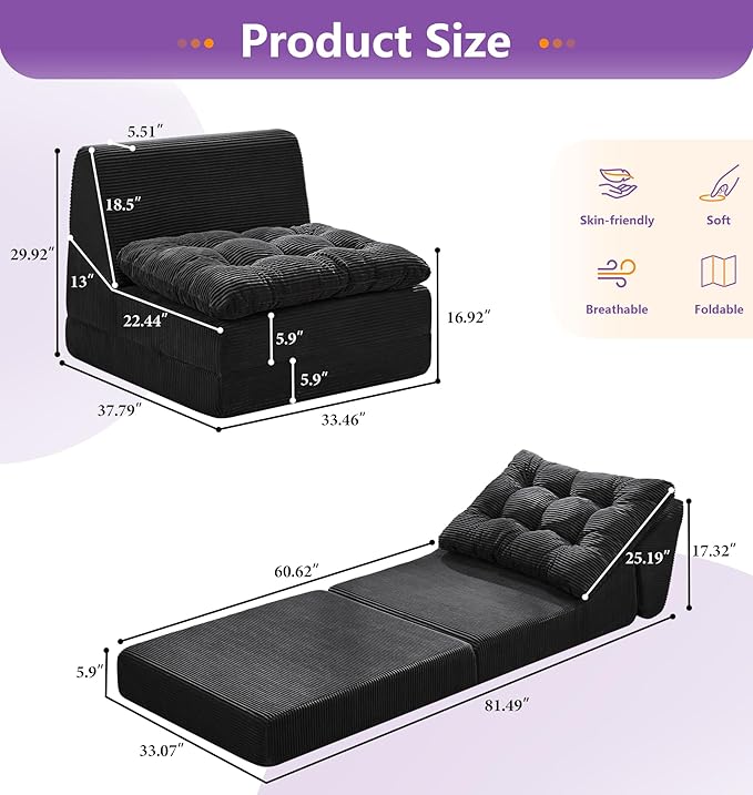 Hobestluk Sofa Couch Folding Sofa Bed Comfy Floor Lounger Convertible Sofa with Removable Cushion Couches for Small Spaces Foldable Mattress for Living Room Bedroom or Office (Cordury Black, Large)