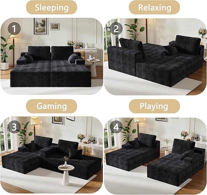 106" Boneless Couches for Living Room, Modular Sectional Sofa, L-Shape Sofa Couches,Cloud Couch Sectional, Comfy Corduroy Sofa, with Deep Seat, No Assembly Required (Black, Loveseat Chaise)
