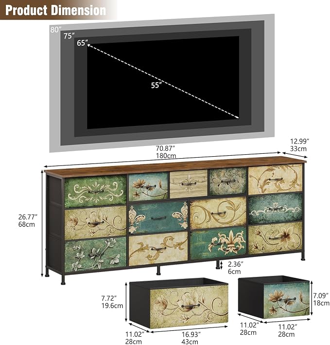 Tohomeor Dresser for Bedroom Chest of Drawers Fabric Dresser for Closet, Nursery Entryway Hall Tree TV Stand for Living Room Retro Floral Pattern Wooden Top (13 Drawers) - Image 3