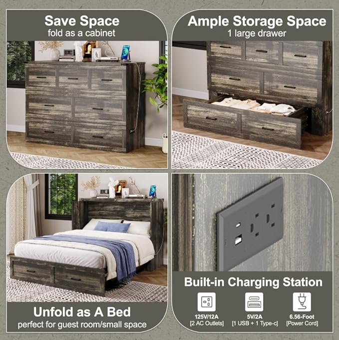 Bellemave Queen Murphy Bed, Cabinet Bed with Charging Station and 1 Large Storage Drawer, Farmhouse Murphy Cabinet with Foldable Panel, Noisy Free, for Guest Bedroom, Living Room, Rustic Gray