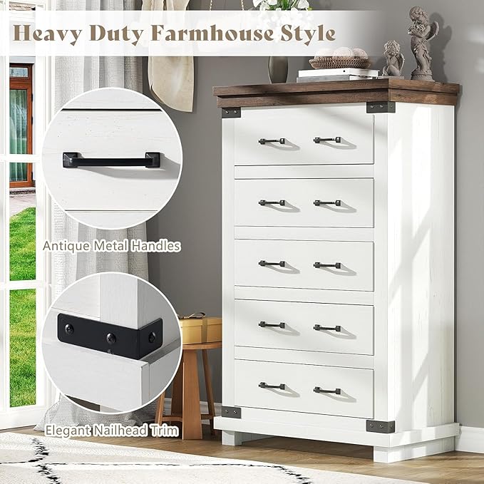 AMERLIFE 5 Pieces Farmhouse Wood Bedroom Set, Includes Rustic Full Bed Frame with 54" Tall Headboard, 6 Drawer Dresser Chest, 5 Drawer Tall Dresser, Nightstands Set of 2 with Charging Station, White