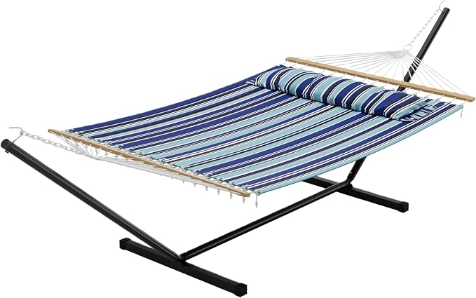 Double Hammock with Stand for 2 Person, Outdoor Freestanding Hammock Bed with 475lb Capacity - Heavy Duty Steel Frame, Quilted Pillow & Portable Carry Bag, Easy Assembly, Blue by IDEALHOUSE