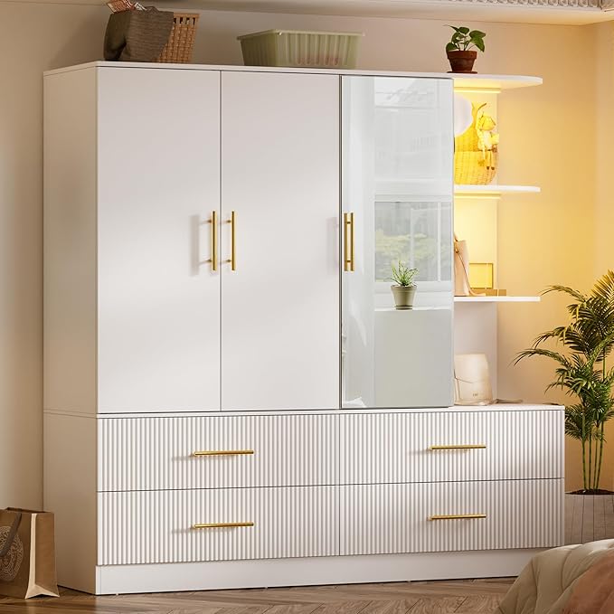PAKASEPT 3 Door Armoire Wardrobe Closet, 70.87" H Bedroom Armoires with Drawers, Mirror, LED Light, Hanging Rod, Side Hooks, Large Capacity Storage Wardrobe Armoire for Bedroom