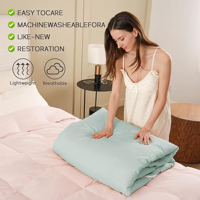 Joysoul Goose Feathers Fiber Comforter - Lightweight Ultra Soft Fabric Cover Breathable White Down Feather Fill, Light Green California King Size Duvet Insert (108" X 94")