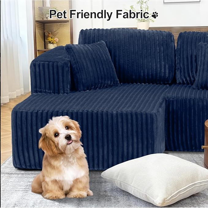 132 Inch U Shaped Modular Sectional Sofa with Dual Chaise, Oversized Corduroy Cloud Couch with Deep Seat, Boneless Modern Sofa for Living Room, No Assembly Required, Blue