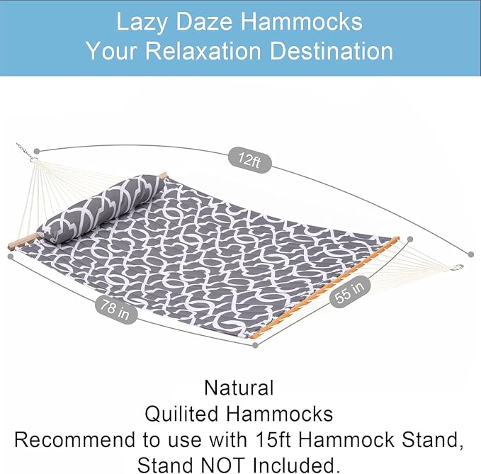 Lazy Daze Hammocks 12FT Quilted Fabric Hammock with Soft Pillow, Double 2 Person Tree Hammock with Spreader Bar for Outdoor Outside Patio Garden Yard, 450lbs Weight Capacity - Image 2