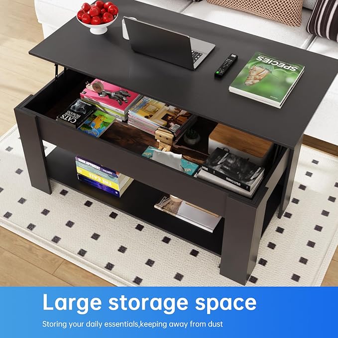 PayLessHere Coffee Table Lift Top Coffee Tables with Hidden Compartment and Storage Shelf Wooden Lift Tabletop Dining Table for Living Room Home (Black, 47" D x 31" W x 25" H)