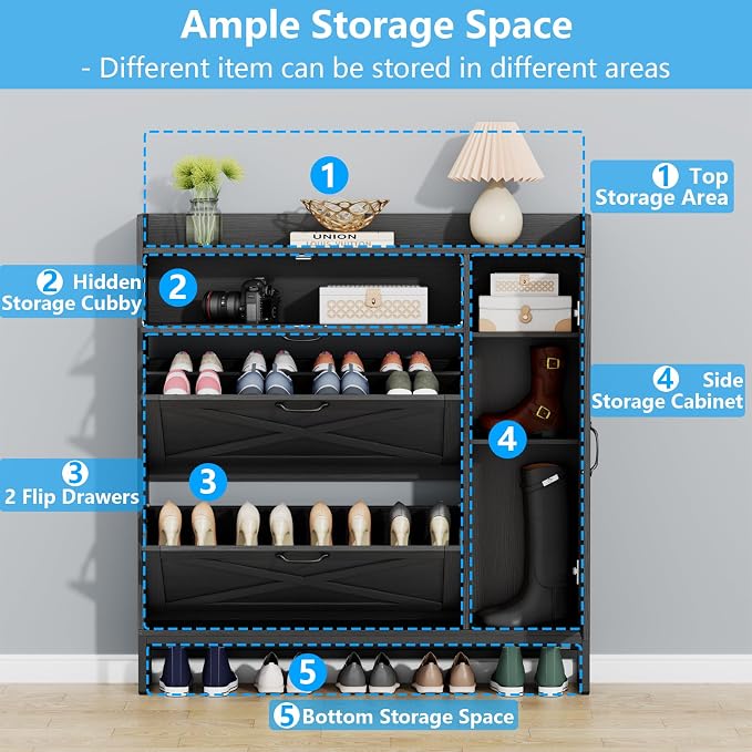Auromie Free Standing Shoe Organizer with 2 Flip Drawers and Side Cabinet, Entryway Narrow Shoe Storage with Door for Hallway and Living Room (Black Plus) - Image 3