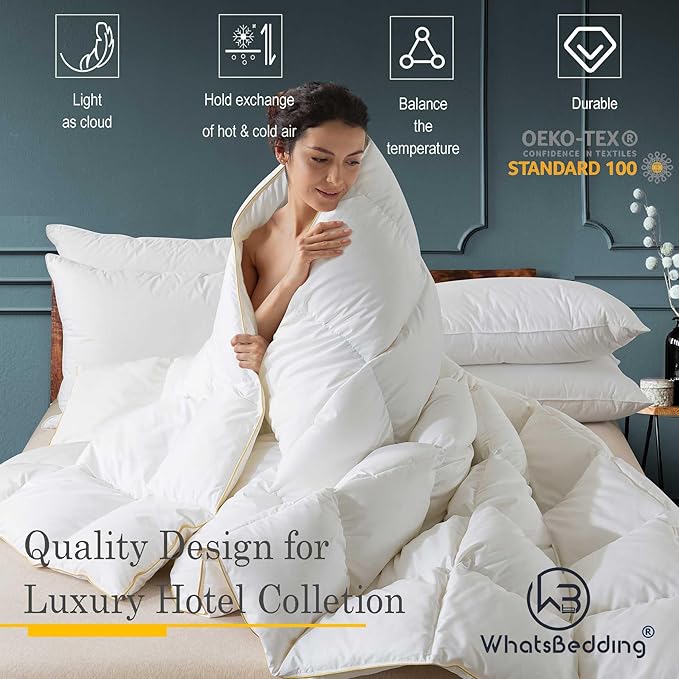 Puffy White Feather Comforter King Size, All Season Duvet Insert Feather Downfiber Filled, 100% Cotton Luxury Hotel Collection, 4 Corner Loops, Gold Piping