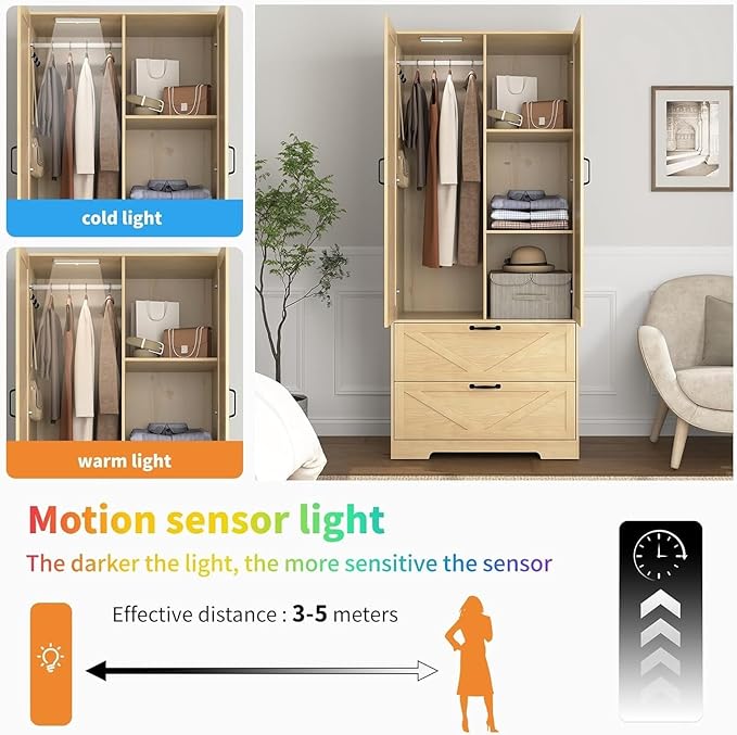 Natural Armoire Wardrobe Closet with Mirror Door and LED Lights,72" Tall Farmhouse Bedroom Armoire with Drawers and Adjustable Shelves,Wooden Armoire Wardrobe Closet for Bedroom