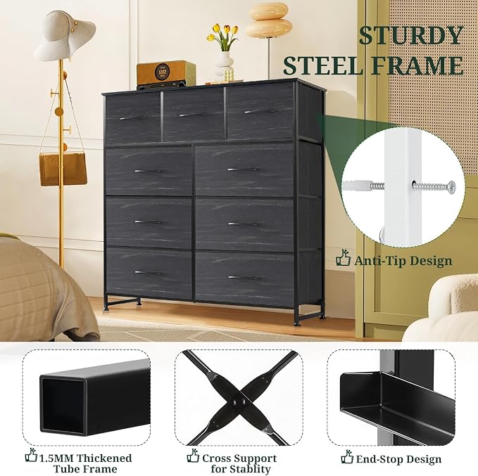 9-Drawer Dresser for Bedroom, Anti-Tip Tall Storage Organizer Chest of Drawers with Wooden Top and Metal Frame Fabric Bins for Closet, Living Room, Hallway, Entryway, Charcoal Black - Image 4
