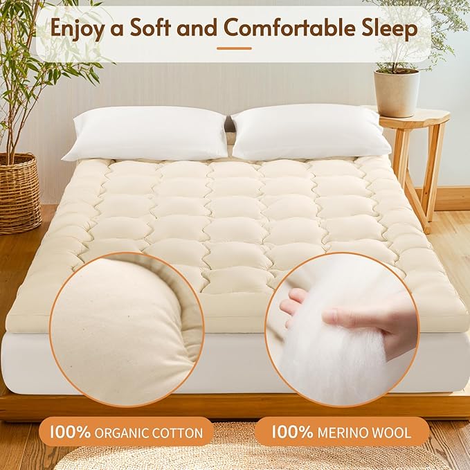 Luxury 100% Organic Wool Mattress Topper Made from Australian Merino, Extra Soft 1500 GSM Wool Mattress Pad for Back Pain Relief, Fuffy Mattress Cover (Beige, Queen(60"x80"))