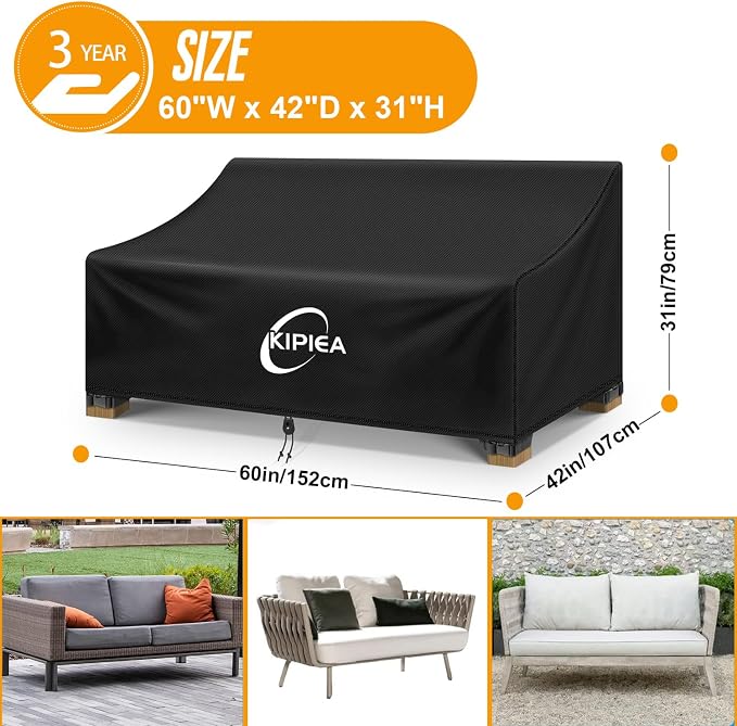 Kipiea Patio Sofa Cover, Heavy Duty Outdoor Couch Covers Waterproof Winter, 2-Seat Patio Furniture Cover Loveseat, Outdoor Sofa Covers with Anti UV and No Tears, No Fading (60"W x 42"D x 31"H) - Image 2