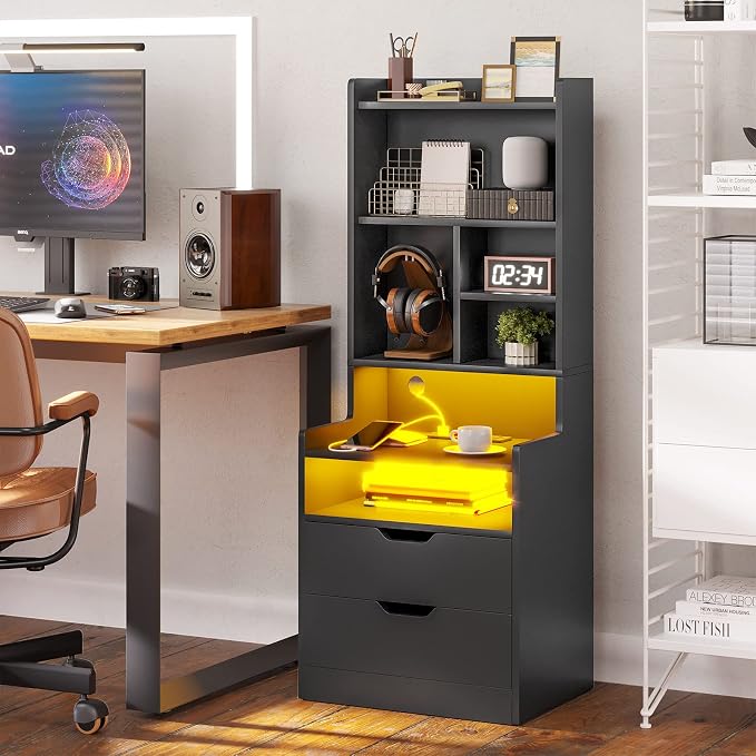 BTHFST Tall Nightstand with LED Lights and Charging Station, LED Black Nightstand with Shelves and 2 Drawers, Bedside Table with Bookshelf, Tall Side End Table with Storage - Image 7