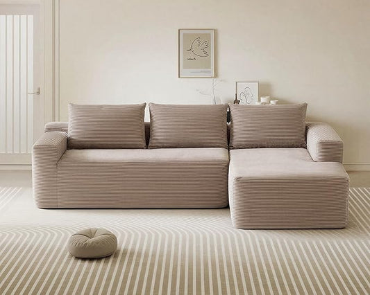 97inch Boneless L-Shaped Sectional Sofa with Throw Pillow & Side Pockets- No Assembly Compressed Modular Couch, Memory Foam, Deep Seat for Living Room, Bedroom, Apartment Camel Right