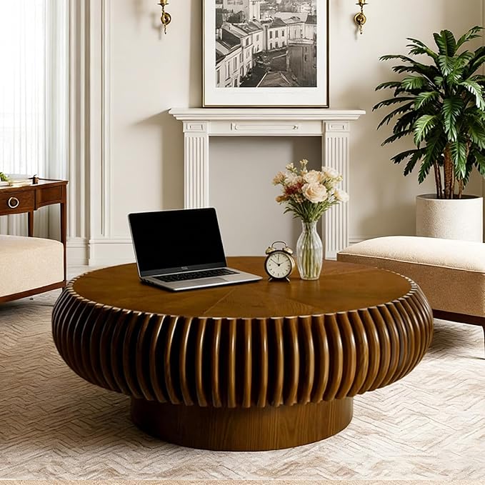 Round Drum Coffee Table Modern Unique Circle Drum Coffee Tables Mid Century Coffee Table with Sturdy Pedestal Fluted Tea Table for Living Room Office Small Space (31.5in Walnut)