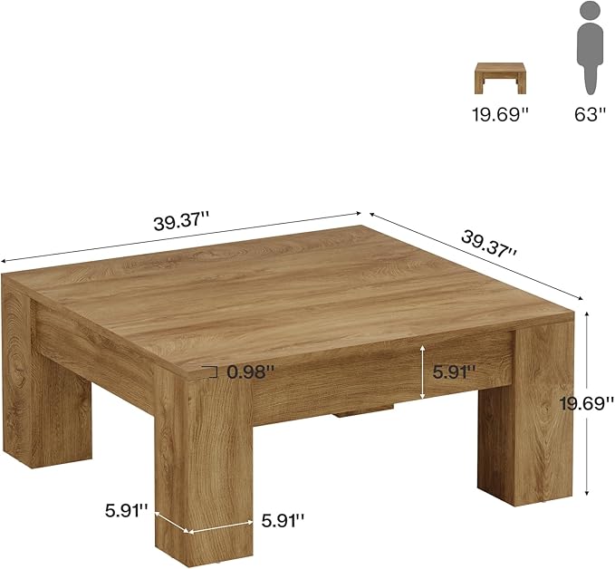 Tribesigns Farmhouse Square Coffee Table, 39-Inch Wooden Coffee Table with Sturdy Legs, Rustic Accent Center Table for Living Room, Easy Assembly, Light Brown