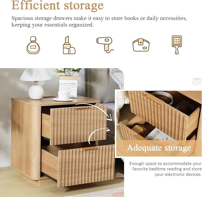 Fluted Nightstand with Charging Station, 23" Night Stands with 2 Drawers, Wood End Table with Storage, Oak Bedside Cabinet for Bedroom - Image 4