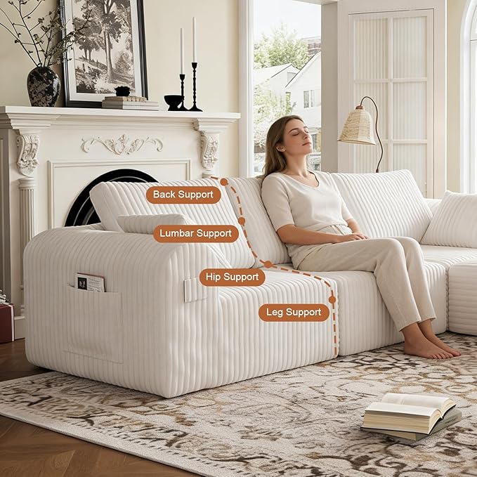 106" Boneless Couches for Living Room, Modular Sectional Sofa, L-Shape Sofa Couches,Cloud Couch Sectional, Comfy Corduroy Sofa, with Deep Seat, No Assembly Required (Beige, 3 Seater + 1 Ottoman)