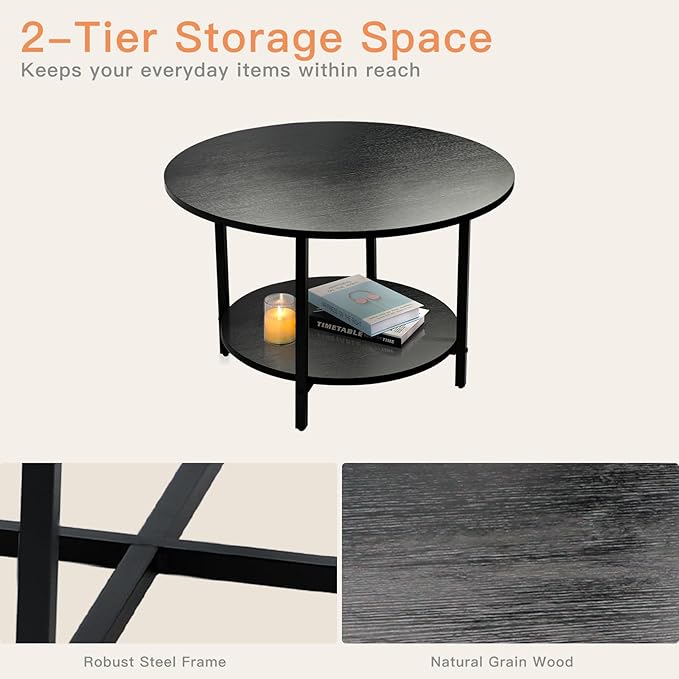 Coffee Table, 27.6“ Circle Coffee Tables for Living Room, 2 Tier Round Coffee Table with Storage, Wood Accent Center Floor Table for Bedroom, Industrial Home Office, Elegant Gray