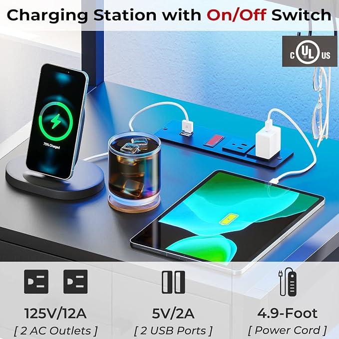 AOGLLATI Nightstand Set of 2 with Charging Station and LED Lights, Bedside Table with 3 Drawers and Open Storage Shelves, 2 USB Ports and 2 AC Outlets, LED Night Stand for Bedroom, 2 Pack, Black - Image 8