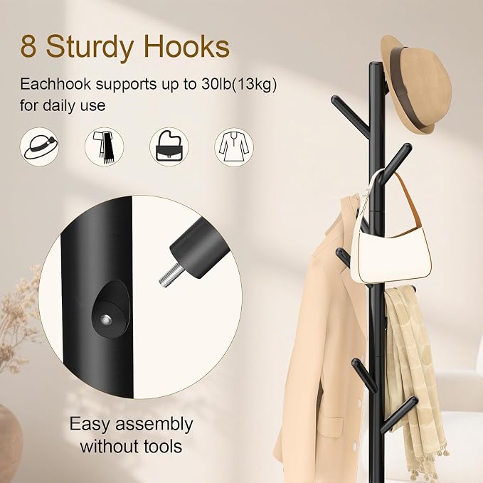 Coat Rack Freestanding with Stable Square Base for Cloathes, Hat, Used in Bedroom, Office and Entryway, Sturdy and Easy Assembly Coat Tree with 3 Adjustable Sizes and 8 Hooks, Black - Image 5