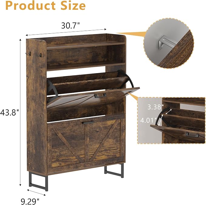 Shoe Cabinet with 2 Flip Drawers, Freestanding Hidden Shoe Storage Organizer for Entryway, Narrow Slim Shoe Rack Cabinet with Open Storage & Hooks for Front Door Entrance, Living Room, Hallway, Brown - Image 2