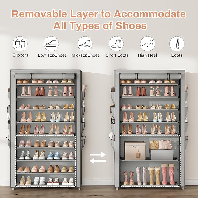 Shoe Rack with Cover, 10 Tier Shoe Organizer Storage for 40-50 Pairs Sneaker and Boots, Large Capacity, with 8 Pockets, Free Standing Tall Shoe Rack for Front Door Entrance, Closet, Grey - Image 6