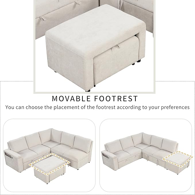 Ball & Cast 90.6" Convertible Sectional Couches Fabric Sofa Set with Pull Out Bed,L-Shaped Modular Padded Cloud w/Storage Space and USB Ports & Cup Holders on The Armrests,for Living Room,Beige