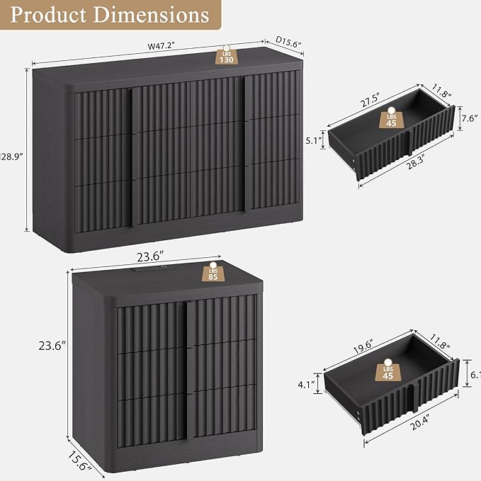 Fluted Dresser and Nightstand 3-Piece Bedroom Set, 47" Wide 6-Drawer Dresser and 2 of 3-Drawer Nightstands with Charging Station, Curved Profile Design, Modern Bedroom Dressers Sets, Black