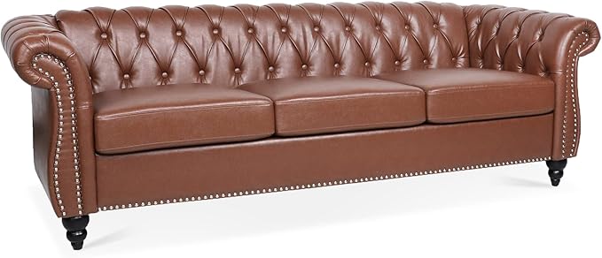 ERYE 84.5-Inch Classic 3 Seat Chesterfield Sofa Couches for Living Room Bedroom, 3 Seaters Button Tufted Faux Leather Upholstered Chesterfield Sofa Couch,Wood Legs | Button Tufted, Easy to Assemble, Nailhead, Removable Cushion