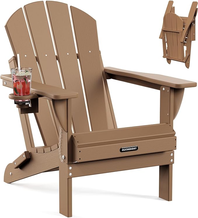 MUCHENGHY Folding Adirondack Chairs, Patio Chairs, Lawn Chairs, Outdoor Chair, Adirondack Chair Plastic, Fire Pit Chairs, Weather Resistant with Cup Holder for Deck, Backyard, Garden(Teak) by MUCHENGHY
